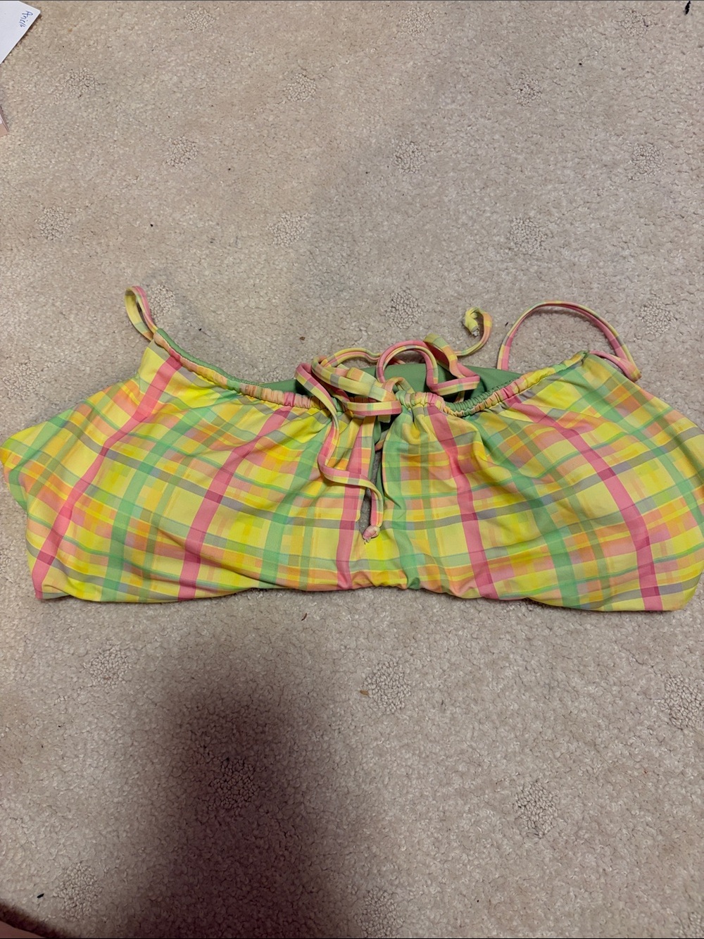 Dippin Daisy’s Plaid Tie-Front Bikini Top - Yellow Pink Green 1X Soft & Stretchy
